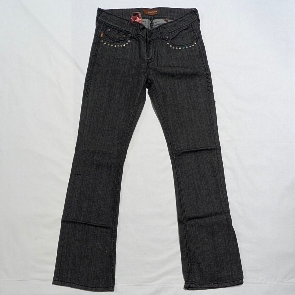 Jeans de Fleur Women Dark Wash Studded Rhinestone Heart Flare Jeans Y2K Low Rise